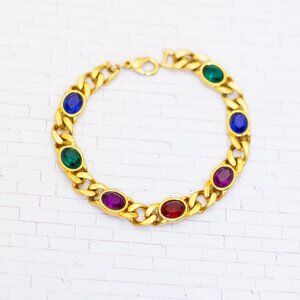 7 inch, Vintage Colorful Beads Gold Tone Curb Chains Elegant Bracelet - V26
